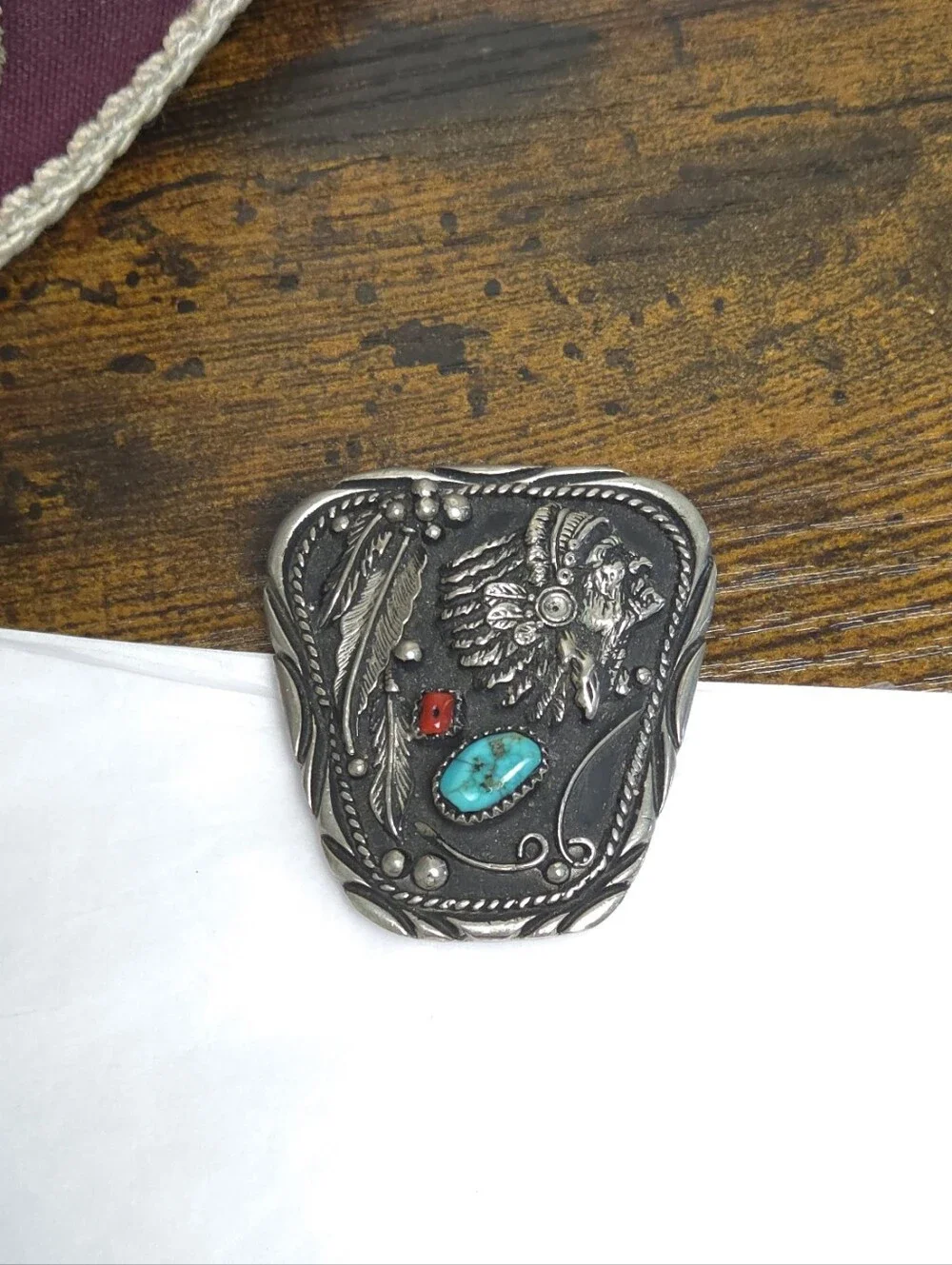 Vintage Native American Cheif Turquoise Coral Stone Bolo Tie Slide Signed SSI
